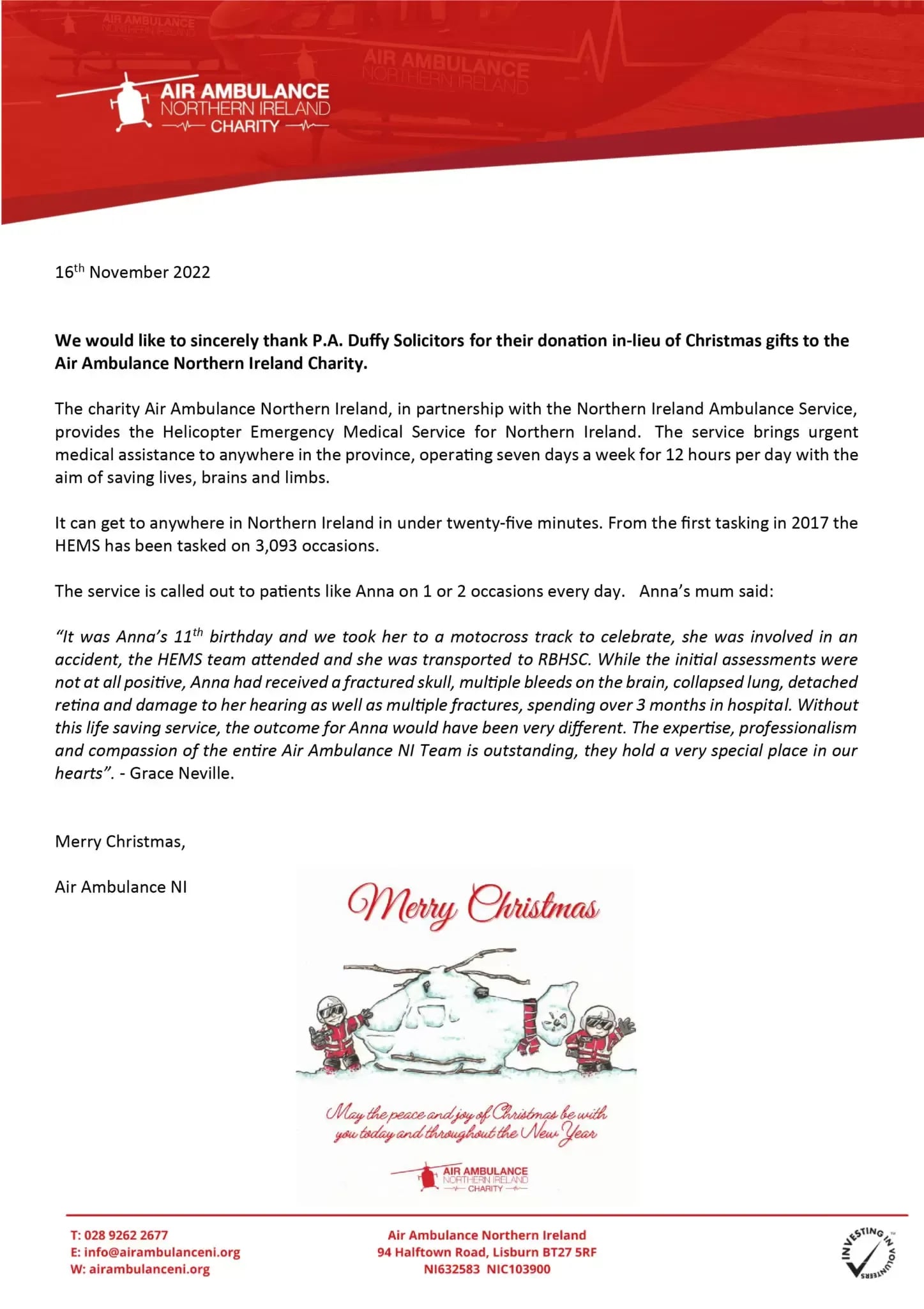 Thank you letter from Air Ambulance Northern Ireland charity