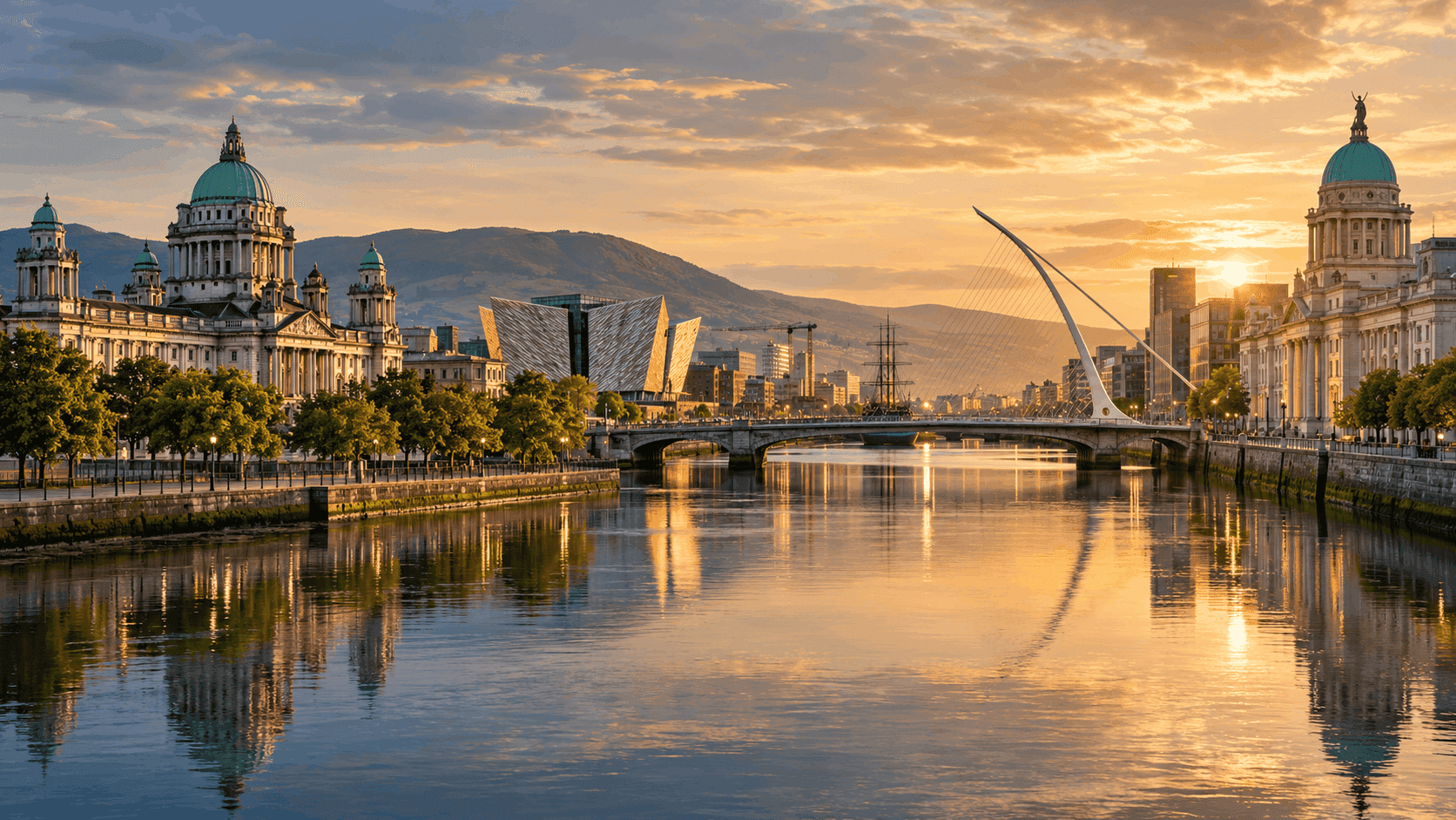 Panoramic cross-border cityscape representing Belfast and Dublin at golden hour, symbolising Northern Ireland and Ireland legal matters.