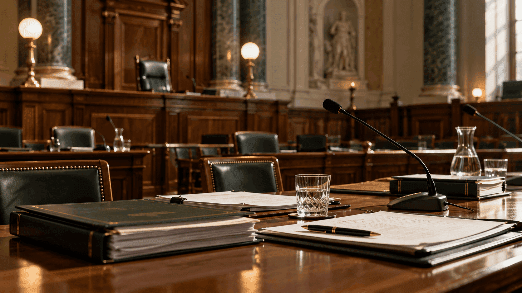 Formal legal hearing room representing inquests, public inquiries and judicial review in Northern Ireland.