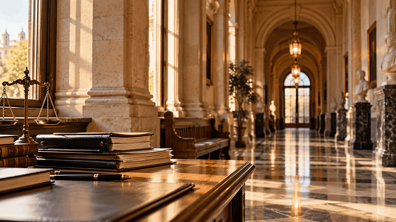 Courthouse corridor with legal files and scales of justice representing a long-running legal case in Northern Ireland.